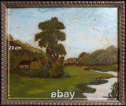 Beau Cadre époque Restauration XIXe & Paysage Peinture fixée sous verre 41x36cm