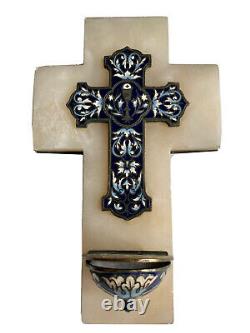 Bénitier Croix Crucifix Émaux Cloisonnés & Onyx Calice & Rinceaux Époque XIX ème