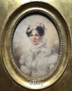 CORALY Miniature Aquarelle Portrait de Femme Peinture Époque Restauration XIXème