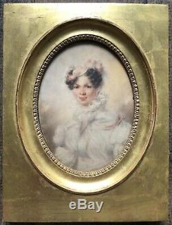 CORALY Miniature Aquarelle Portrait de Femme Peinture Époque Restauration XIXème