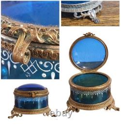 Coffret Boîte à Bijoux Verre Bleu Émaillée Et Bronze Epoque Napoléon III XIXème