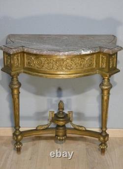 Console demi lune de style Louis XVI en bois doré et marbre, époque XIX ème