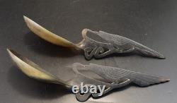 Couverts à salade en corne époque XIX eme decor aux oiseaux bon état