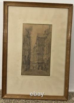 Dessin ancien XIXe signé vue de maisons à colombage d'époque Moyen-Age