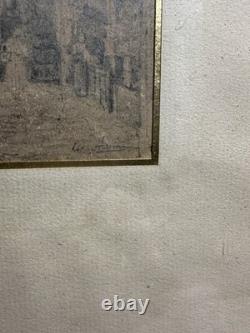 Dessin ancien XIXe signé vue de maisons à colombage d'époque Moyen-Age