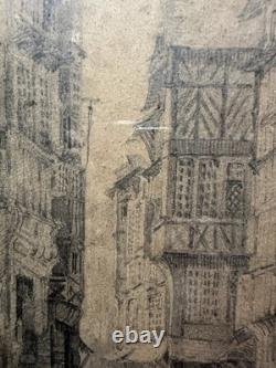 Dessin ancien XIXe signé vue de maisons à colombage d'époque Moyen-Age