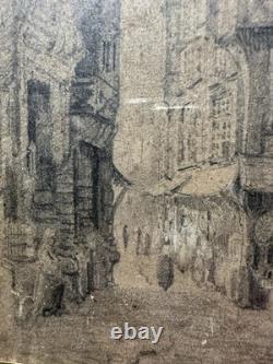 Dessin ancien XIXe signé vue de maisons à colombage d'époque Moyen-Age