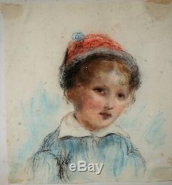 Dessin-craie Grasse-gouache-portrait Enfant-epoque XIX Eme-bonnet