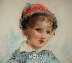 Dessin-craie Grasse-gouache-portrait Enfant-epoque XIX Eme-bonnet