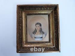 Dessin miniature portrait de jeune fille d'époque empire début XIXeme