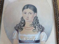 Dessin miniature portrait de jeune fille d'époque empire début XIXeme