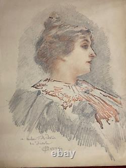 Dessin original portrait jeune femme belle Epoque signé Paul Gervais