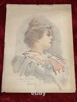 Dessin original portrait jeune femme belle Epoque signé Paul Gervais