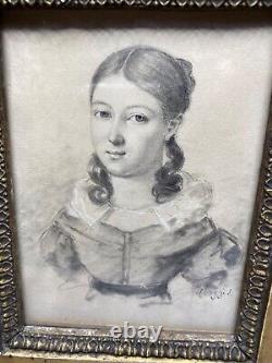 Dessin signé et encadré d'une jeune fille (époque Louis Philippe), XIXe siecle