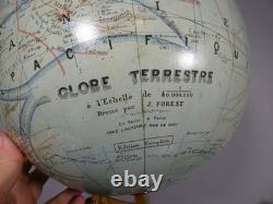 Diam 33 cm, grande mappemonde ancienne J Forest au 1/40000000, époque fin XIX èm