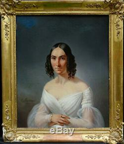 Edme Rousseau Portrait de femme époque Louis Philippe HST XIXème siècle