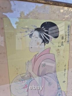 Estampe japonaise originale Encadrée Et Sous Verre Époque XIXe 43cm x 35cm