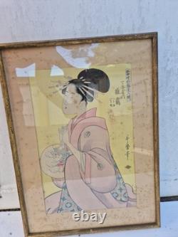 Estampe japonaise originale Encadrée Et Sous Verre Époque XIXe 43cm x 35cm