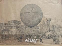 Exceptionnel dessin original XIXe montgolfière ballon Belle Epoque 1878 H. Scott