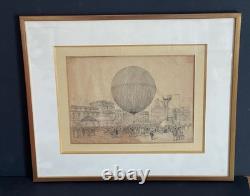 Exceptionnel dessin original XIXe montgolfière ballon Belle Epoque 1878 H. Scott