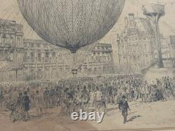 Exceptionnel dessin original XIXe montgolfière ballon Belle Epoque 1878 H. Scott