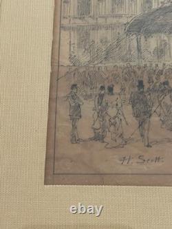 Exceptionnel dessin original XIXe montgolfière ballon Belle Epoque 1878 H. Scott