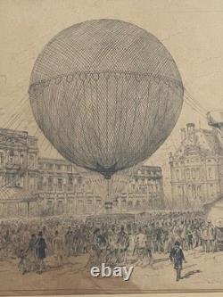 Exceptionnel dessin original XIXe montgolfière ballon Belle Epoque 1878 H. Scott
