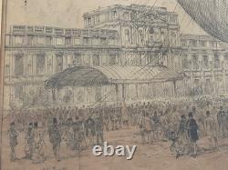 Exceptionnel dessin original XIXe montgolfière ballon Belle Epoque 1878 H. Scott