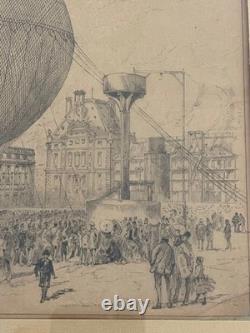 Exceptionnel dessin original XIXe montgolfière ballon Belle Epoque 1878 H. Scott