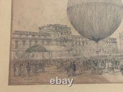 Exceptionnel dessin original XIXe montgolfière ballon Belle Epoque 1878 H. Scott
