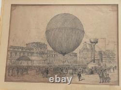 Exceptionnel dessin original XIXe montgolfière ballon Belle Epoque 1878 H. Scott