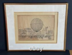 Exceptionnel dessin original XIXe montgolfière ballon Belle Epoque 1878 H. Scott
