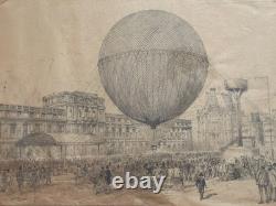 Exceptionnel dessin original XIXe montgolfière ballon Belle Epoque 1878 H. Scott
