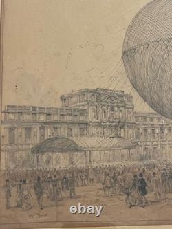 Exceptionnel dessin original XIXe montgolfière ballon Belle Epoque 1878 H. Scott