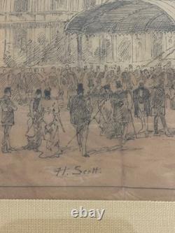 Exceptionnel dessin original XIXe montgolfière ballon Belle Epoque 1878 H. Scott