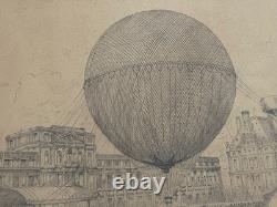 Exceptionnel dessin original XIXe montgolfière ballon Belle Epoque 1878 H. Scott