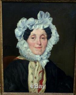 F. J. Portrait de Femme Epoque Louis Philippe Ecole Française XIXème Siècle HST