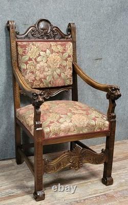 Fauteuil de bureau style Renaissance en noyer sculpté époque XIXeme