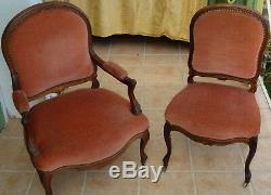 Fauteuils / Chaises en Noyer. Garniture Tissu Velours. Epoque XIXème siècle