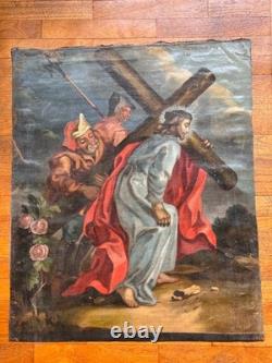 GRANDE PEINTURE HUILE SUR TOILE ÉPOQUE XIXème CHEMIN DE CROIX CHRIS RELIGIOSA