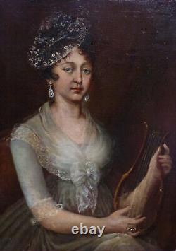 Grand Portrait de Femme à la Lyre Epoque Ier Empire Huile/Toile du XIXème siècle