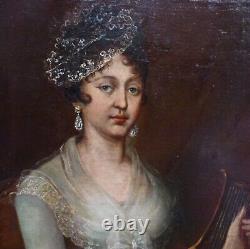 Grand Portrait de Femme à la Lyre Epoque Ier Empire Huile/Toile du XIXème siècle