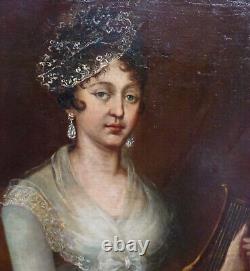 Grand Portrait de Femme à la Lyre Epoque Ier Empire Huile/Toile du XIXème siècle