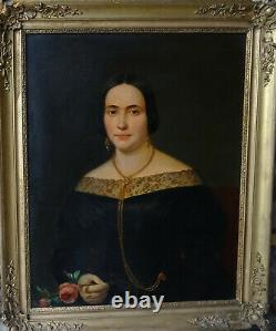 Grand Portrait de Femme d'Epoque Louis Philippe HST du XIXème siècle