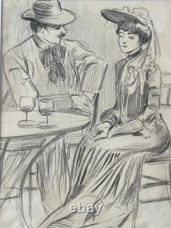 Grand dessin original tableau Belle Epoque 1900 terrasse Paris scène galante