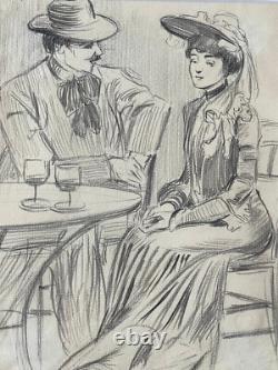 Grand dessin original tableau Belle Epoque 1900 terrasse Paris scène galante
