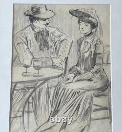Grand dessin original tableau Belle Epoque 1900 terrasse Paris scène galante