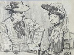 Grand dessin original tableau Belle Epoque 1900 terrasse Paris scène galante