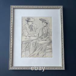 Grand dessin original tableau Belle Epoque 1900 terrasse Paris scène galante