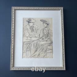 Grand dessin original tableau Belle Epoque 1900 terrasse Paris scène galante